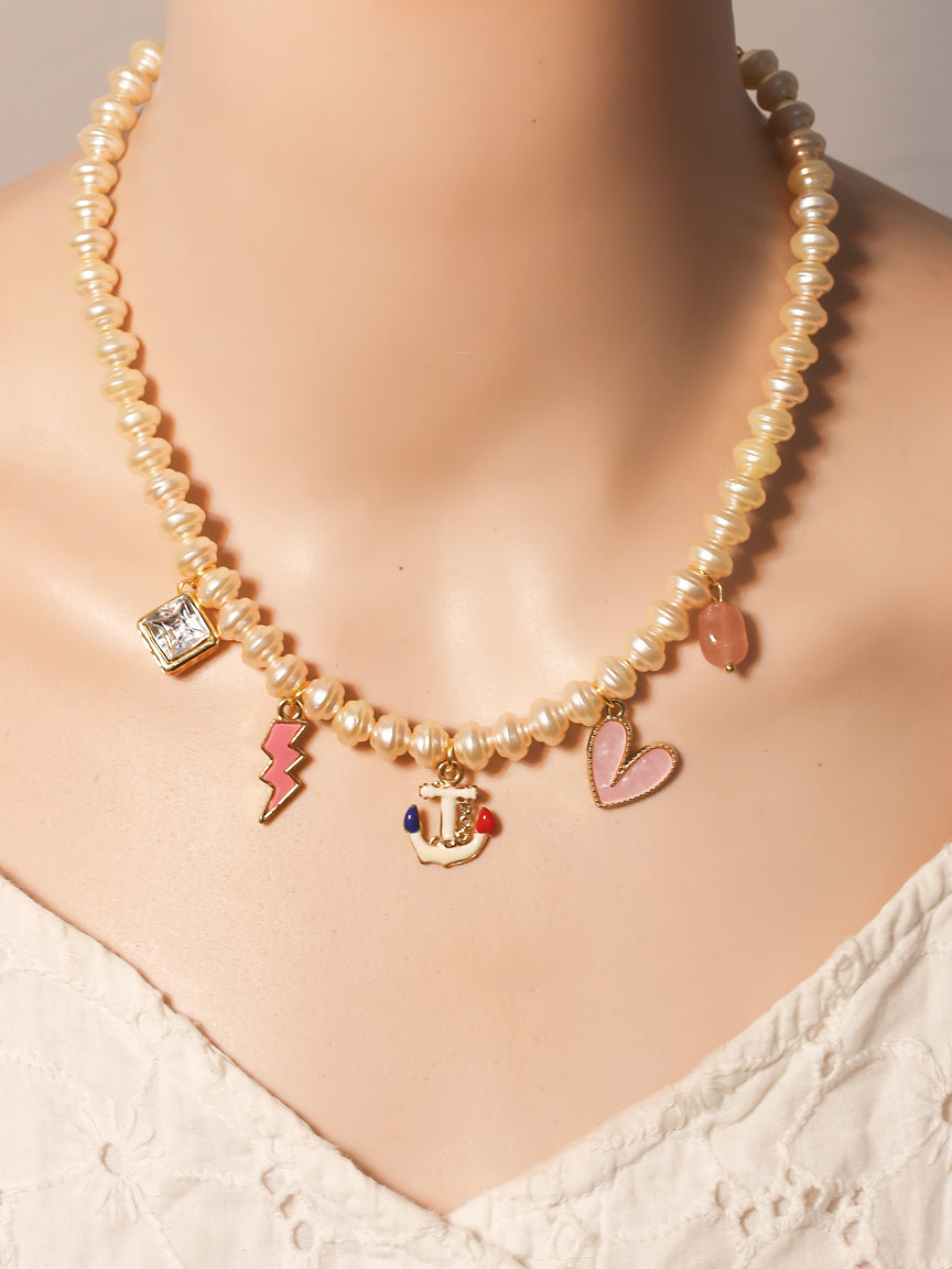 Pink Necklace | Charm Necklace | Pearl Necklace | Gift for her