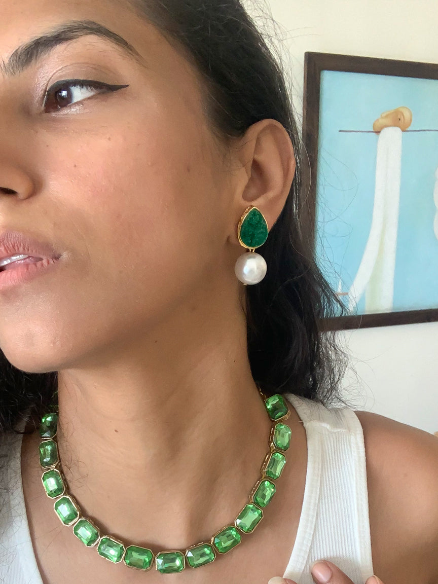 Fashion Earrings | Pearl Earrings| Druzy Jewellery | Emerald Earstuds |