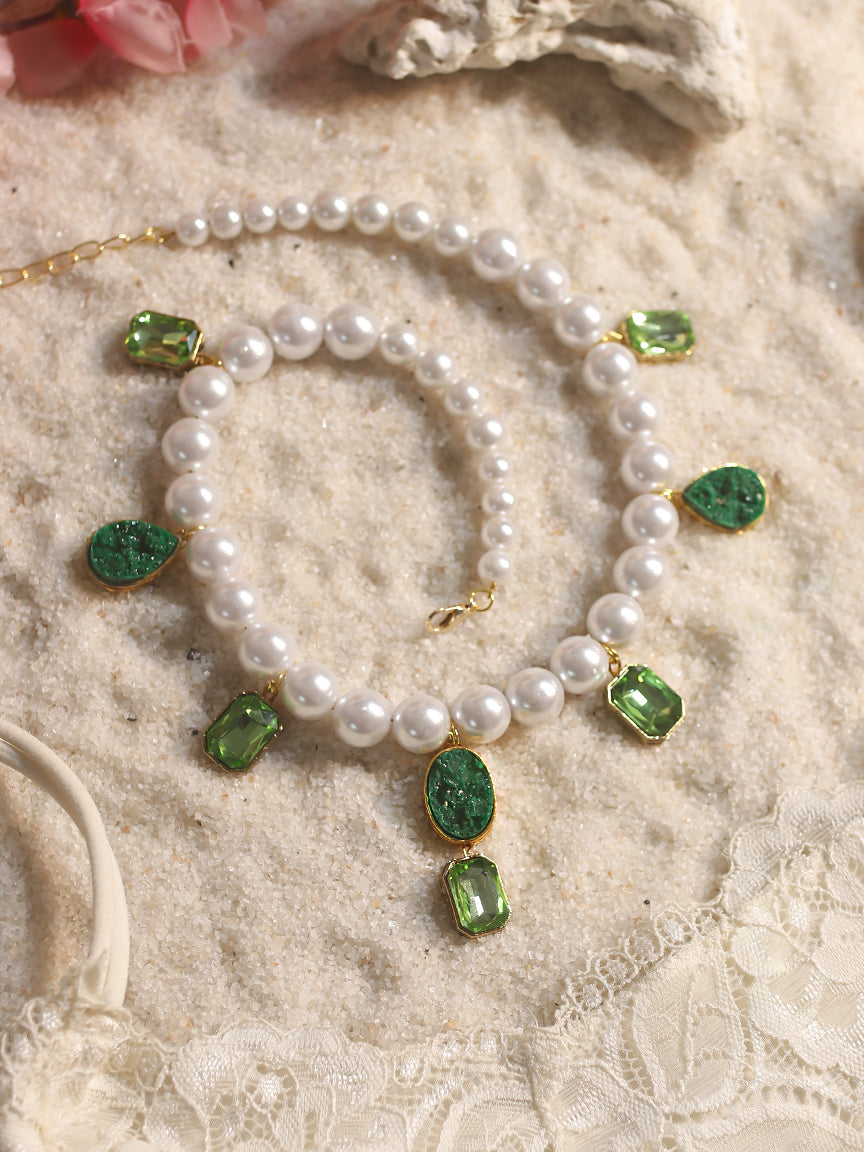 Pearl Necklace | Emerald Crystals Necklace | Summer Pearl Necklace | Pearls Jewellery | Handmade Necklace | Holiday Beach Jewellery 