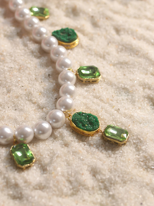 Pearl Necklace | Emerald Crystals Necklace | Summer Pearl Necklace | Pearls Jewellery | Handmade Necklace | Holiday Beach Jewellery 