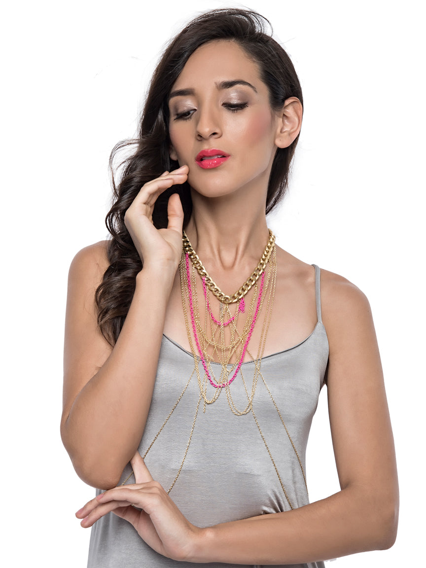 Pink And Gold Crisscross Layered Bodychain