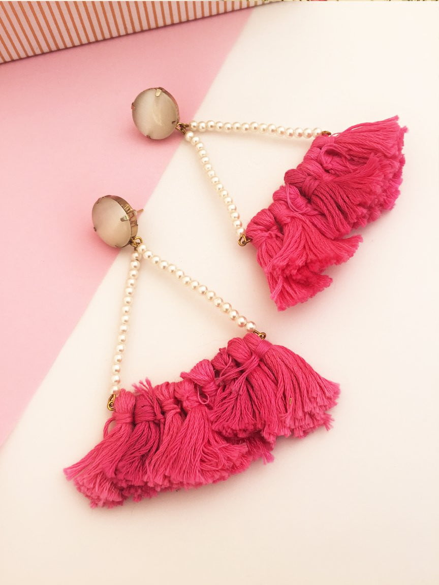 Pearl Triangle & Pink Tassel Earrings