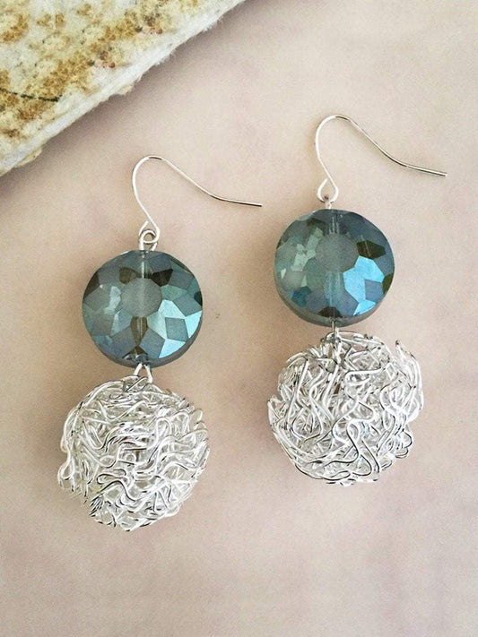 Silver Wire & Grey Crystal Earrings