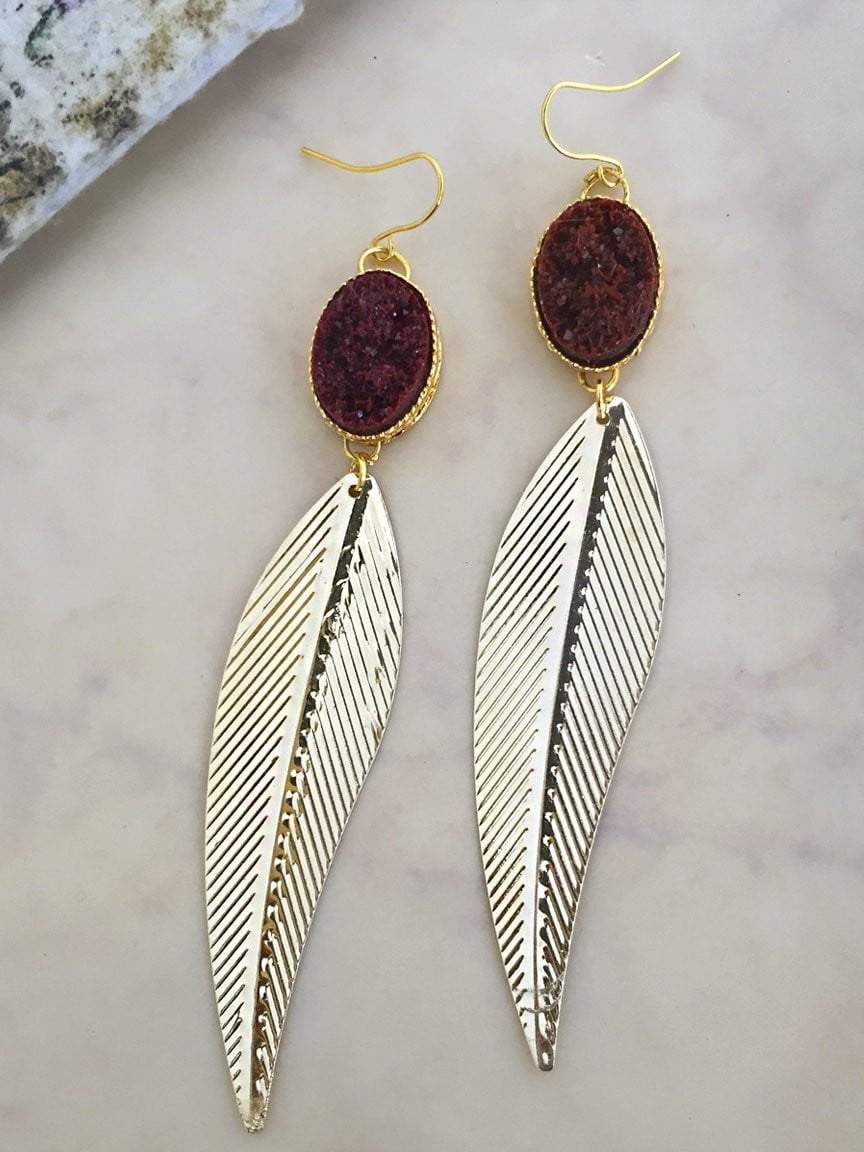 Leaf & Maroon Stone Earrings