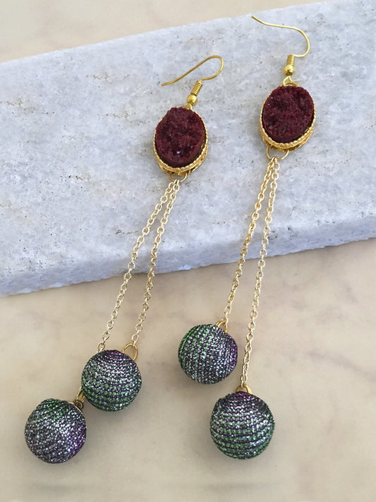 Disco Ball & Maroon Stone Earrings