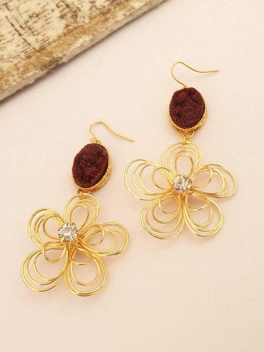 Gold Flower & Maroon Stone Earrings