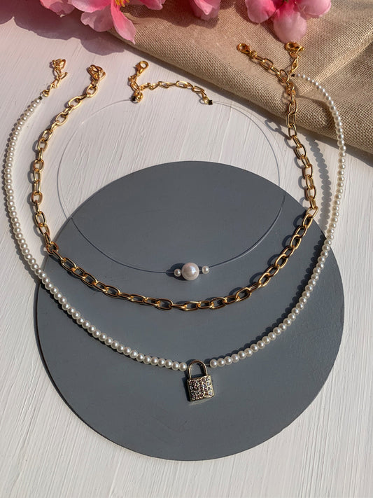 Lock and Pearl Layering Necklace