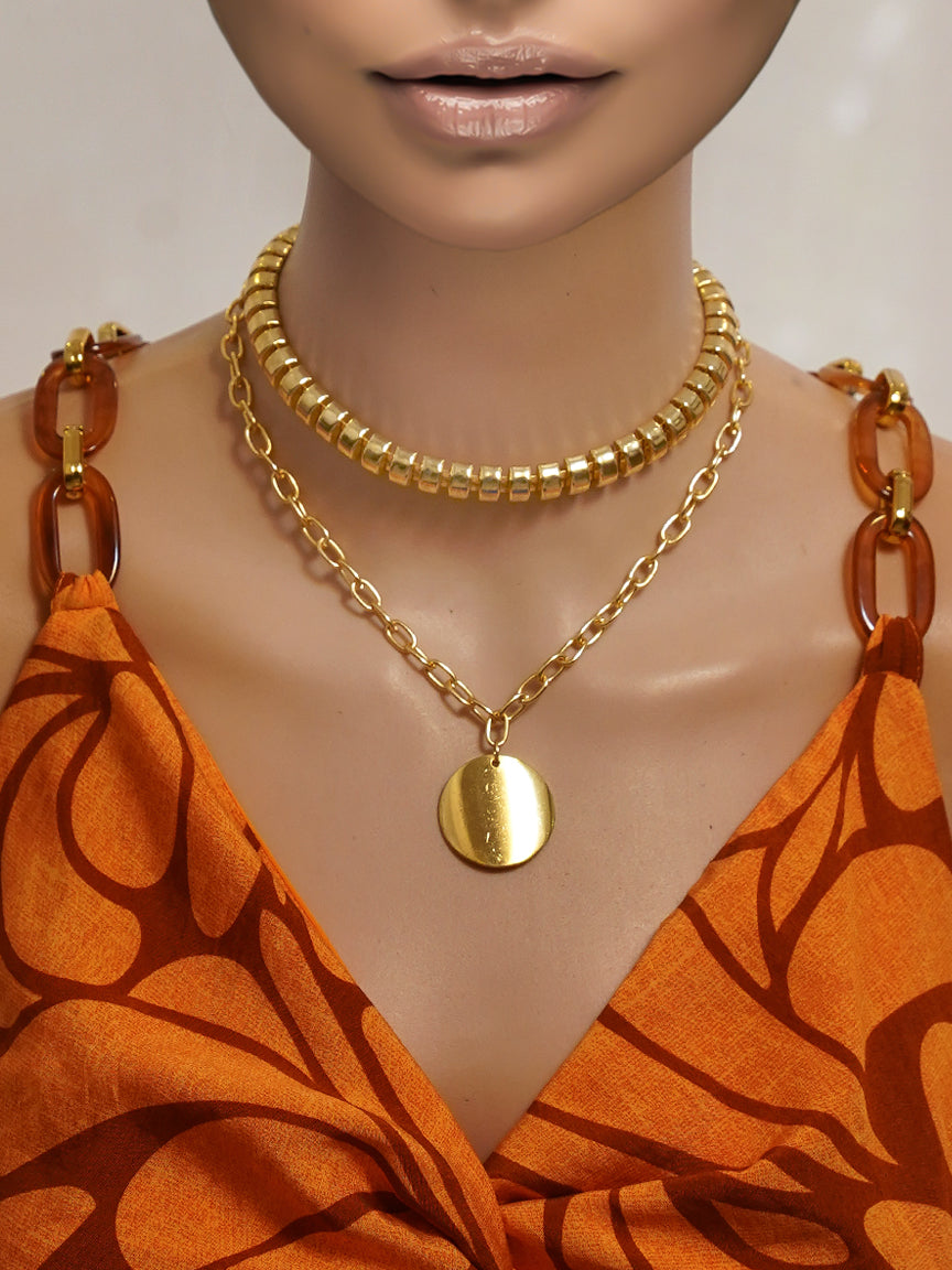 Gold Chain Layered Necklace; Gold Necklace; Chain Necklace; Coin Necklace; Bubble Chain